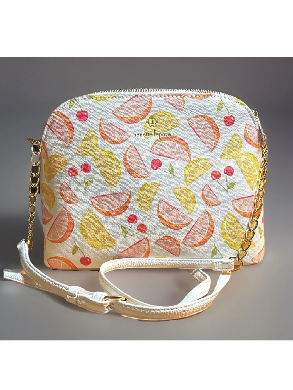 Nanette Lepore Citrus/Cherries Crossbody Vegan Leather Handbag Chain